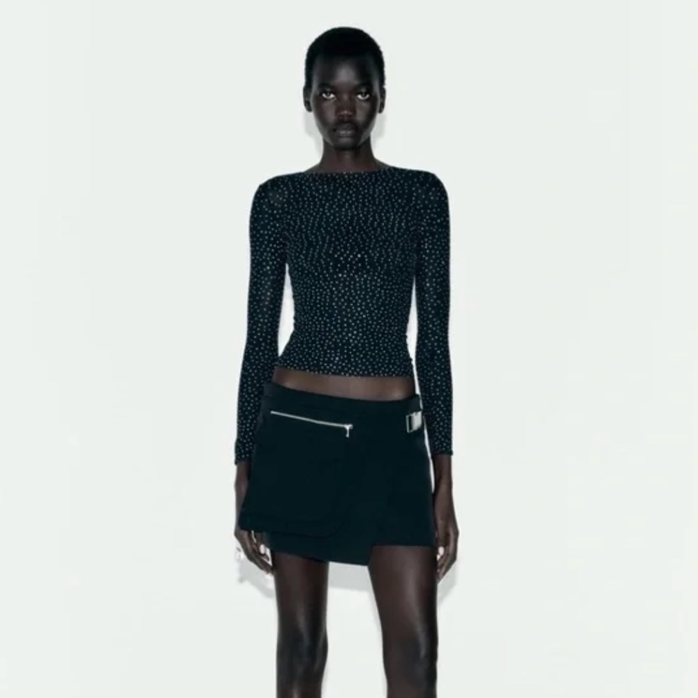 Zara Black Seamless Mesh Rhinestone Top XS - Picture 2 of 7